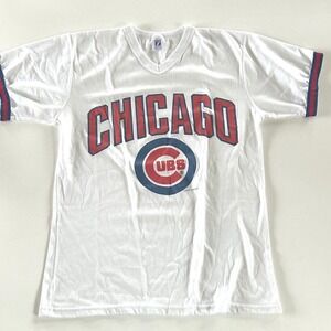 Logo 7 Mens Chicago Cubs T-Shirt L White V-Neck Ringer Vintage 80s 90s MLB USA